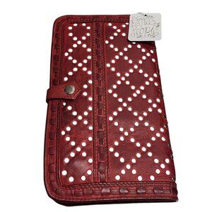 Free People New Travel Wallet Clutch 100% Lambs Leather Smooth Studded Red $98